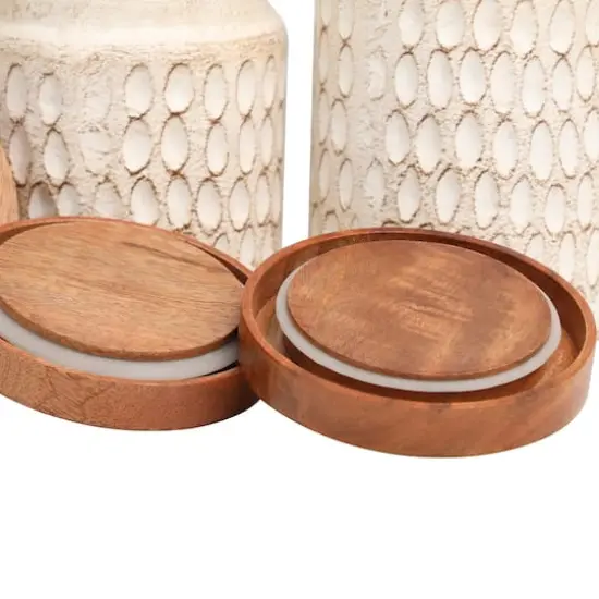 Cream Paper Mache Handmade Carved Spotted Geometric Canisters with Removable Lids Set {6}