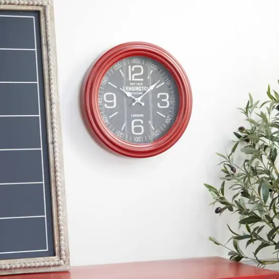 Farmhouse Round Red Metal and Wood Kensington Station Wall Clock, 14" x 14" x 2.60" {8}