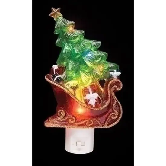 7.5" Green & Red Sleigh with Christmas Tree LED Night Light {1}