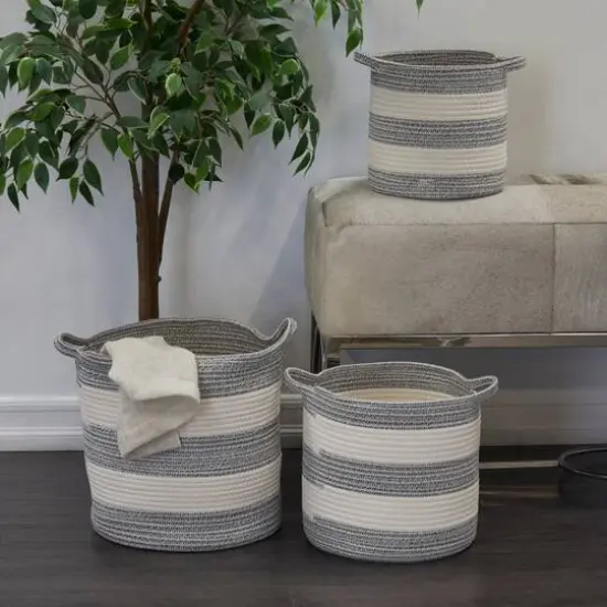 Gray Cotton Handmade Striped Storage Basket with Handles Set of 3 14", 12", 10" {8}