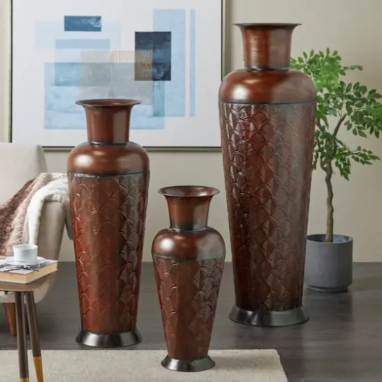Dark Brown Metal Tall Vase Set with Geometric Designs {3}