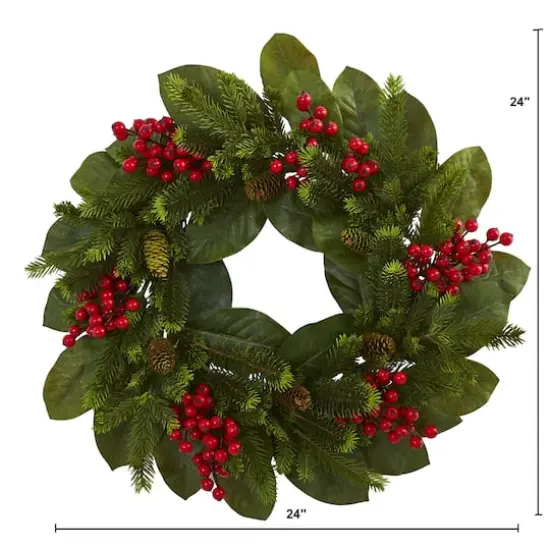 24" Magnolia Leaf, Berry & Pine Artificial Wreath {3}