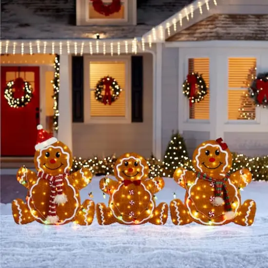 Glitzhome&reg; 90.5"L Lighted Christmas 2D Fabric Gingerbread Family Outdoor Decor Set {4}