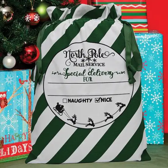 Personality Case&trade; 17" x 26" Green & White Stripe Cotton Christmas Drawstring Bag {3}