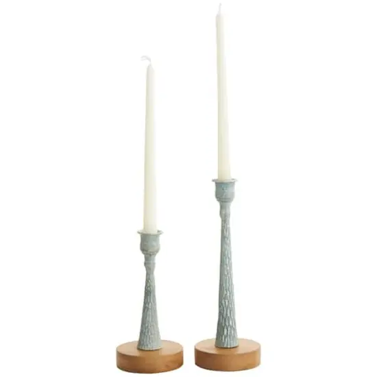 Light Blue Metal Textured Tapered Candle Holder Set {1}