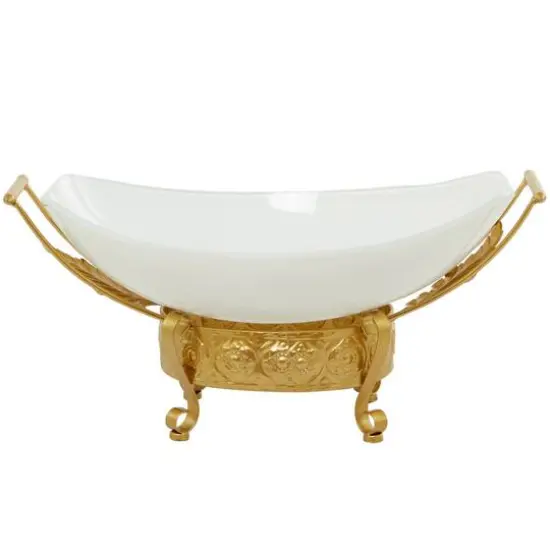 CosmoLiving by Cosmopolitan 24" White Glass Kitchen Serving Bowl with Gold Metal Scroll Stand {1}