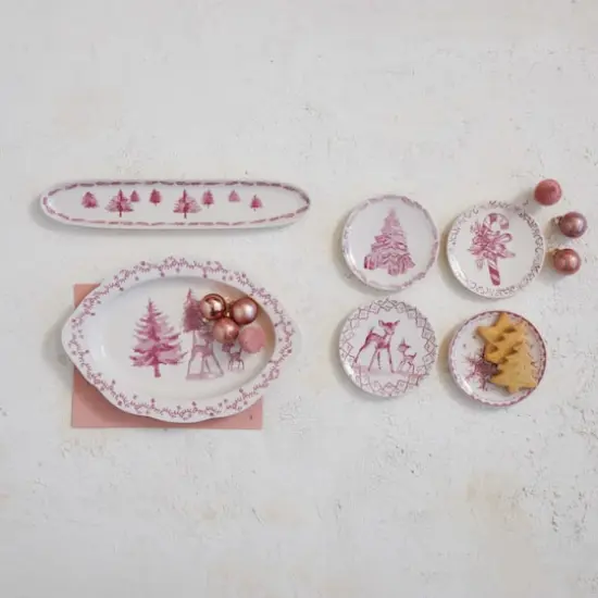 Hello Honey&reg; 12" Pink & Cream Deer & Trees Stoneware Platter {3}