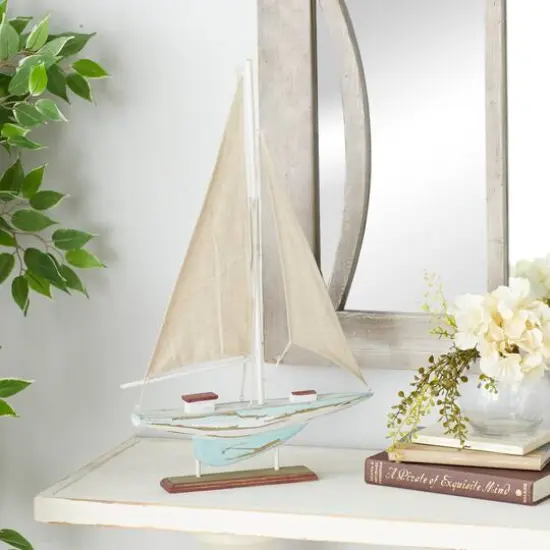 22" Brown Wood Coastal Sailboat Sculpture {9}