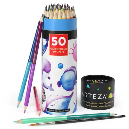Arteza&reg; Kids Dual Sided Watercolor Pencils with Watercolor Brush, 50 pcs {1}