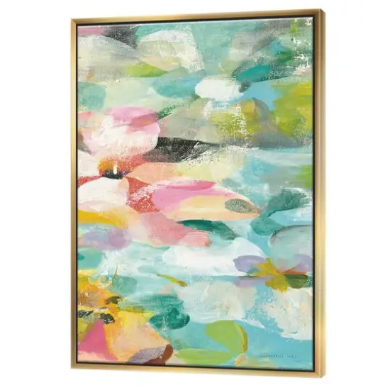 Designart - Handpainted Abstract Flowers in Blue and Pink - Cabin & Lodge Canvas in Gold Frame {1}