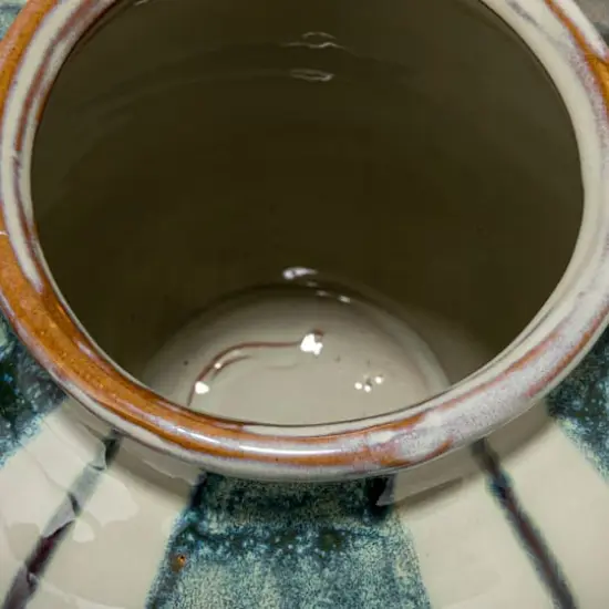 Hello Honey&reg; 9" Cream & Green Reactive Glaze Striped Round Hand-Painted Stoneware Vase {8}