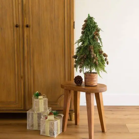 2ft. Artificial Down Swept Cedar Christmas Tree with Pinecones in Rustic Decorative Planter {9}