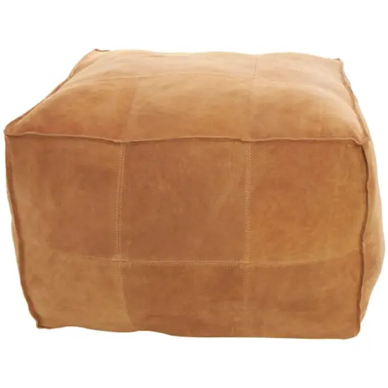 28" Leather Low Profile Square Pouf with Patchwork Design Light Brown {1}