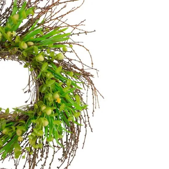 20" Green & Yellow Flower Buds, Leaves & Twigs Wreath {4}