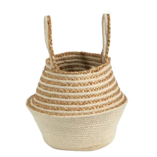 14'' Cream & Natural Cotton & Jute Boho Chic Belly Basket Planter {4}