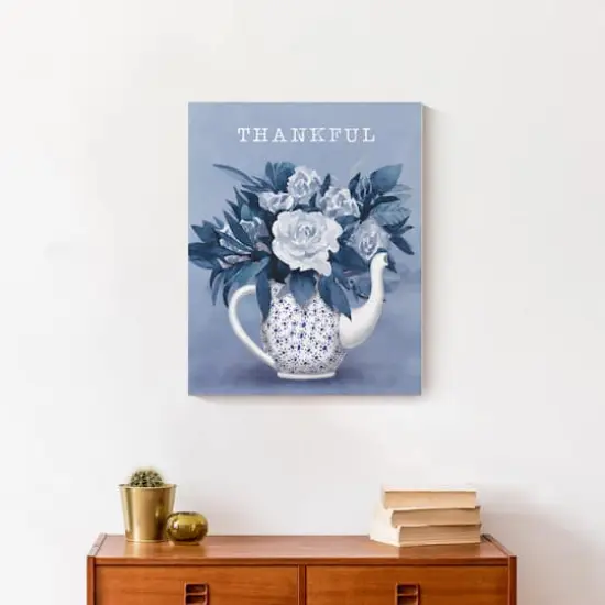 Thankful Teapot With Flowers Canvas Wall Art {5}