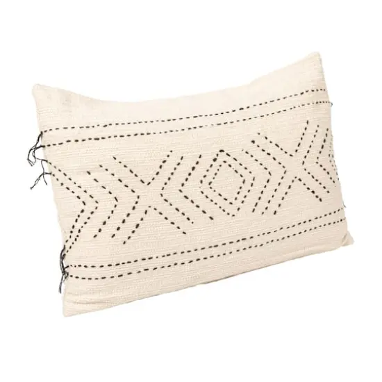 Hello Honey&reg; Natural & Black Hand-Embroidered Cotton Lumbar Pillow with Kantha Stitch {1}