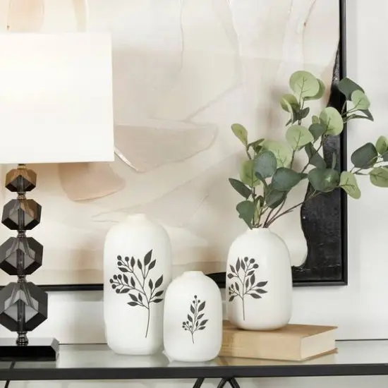 White Ceramic Vase with Black Leaf & Berry Prints Set {7}