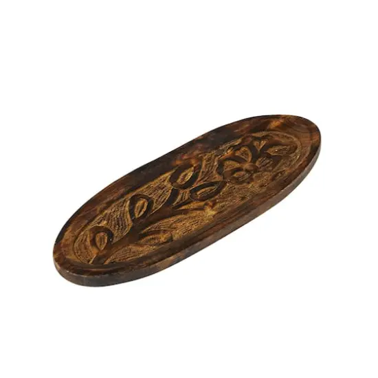 Hello Honey&reg; 15" Natural Boho Decorative Wood Tray with Carved Floral Design {3}