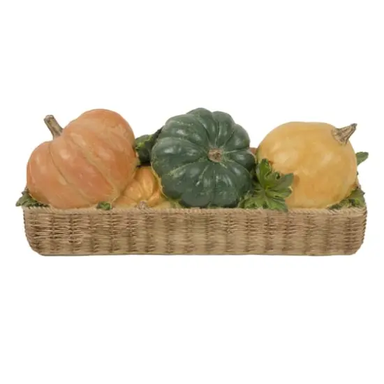 15" Faux Rattan Basket with Pumpkins Thanksgiving Tabletop Decoration {1}