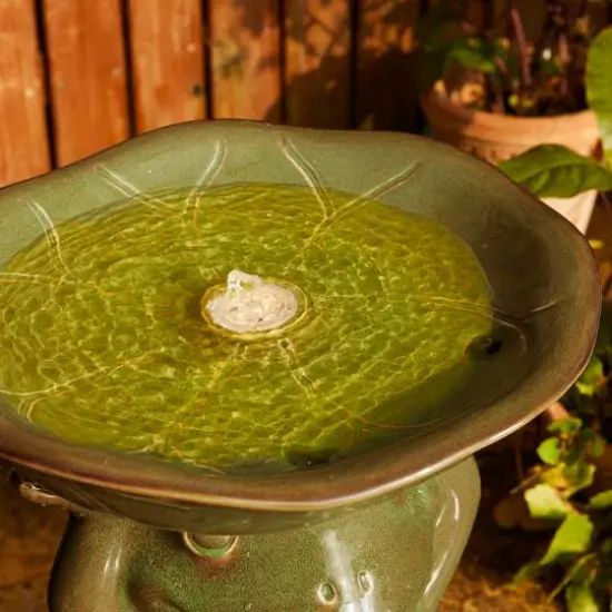 Glitzhome&reg; 21.5" LED Olive Green Frog Holding Lotus Birdbath Ceramic Outdoor Floor Fountain {6}