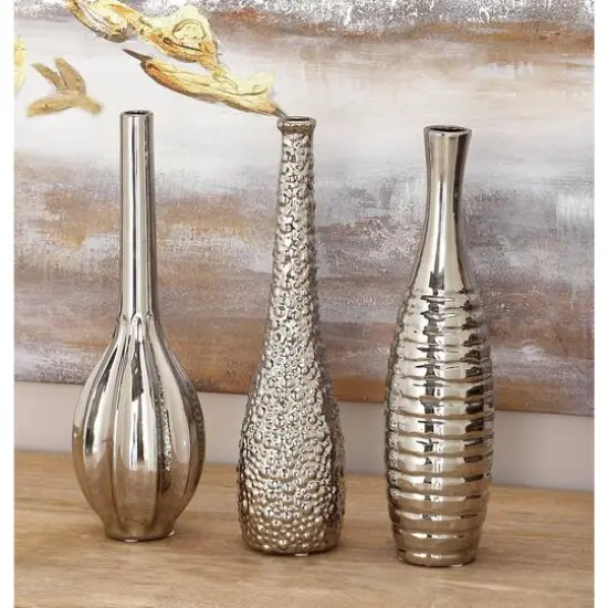 13" Silver Ceramic Glam Vase Set {8}