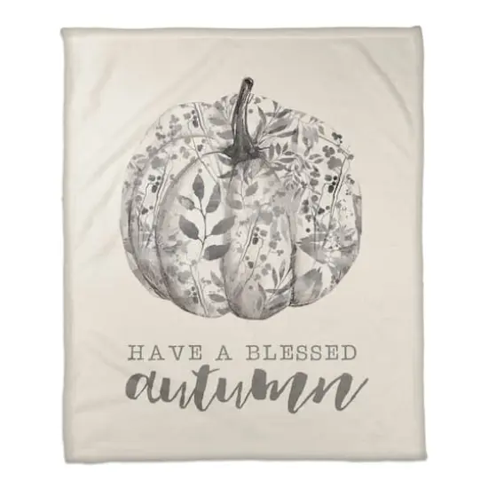 White & Gray Blessed Autumn Pumpkin Fleece Blanket {1}