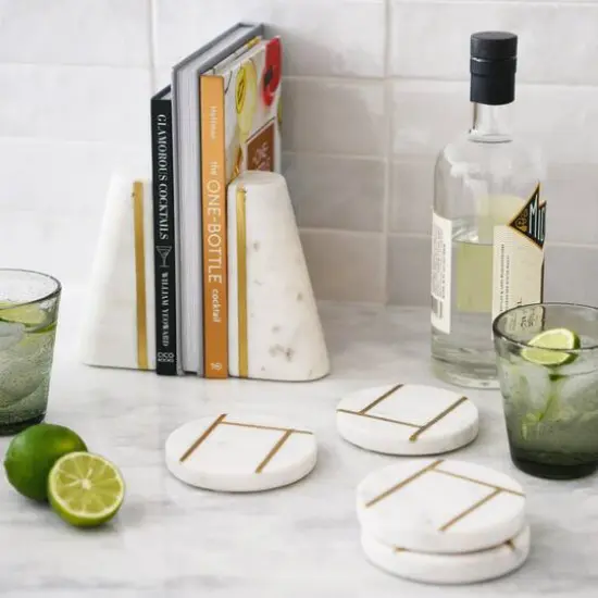 Hello Honey&reg; White Round Marble Coaster Set with Brass Inlay {3}