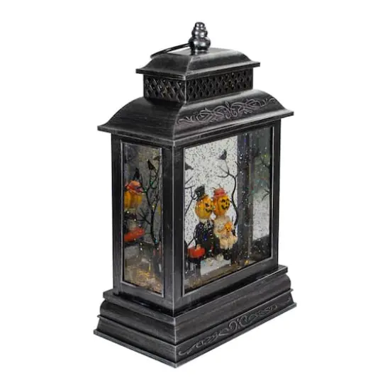 11.5" Black Lighted Halloween Snow Globe Lantern With Pumpkin Couple {4}