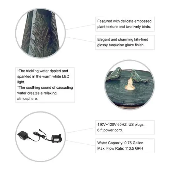 Glitzhome&reg; 27.5" LED Bird Pedestal Ceramic Fountain Turquoise {8}