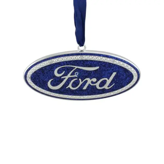 4" Metallic Glitter Blue "Ford" Logo Silver Plated Christmas Tree Ornament {1}