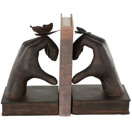 7.5" Dark Brown Hands Heart Inspired Decorative Bookend Set with Butterfly & Copper Accents {1}