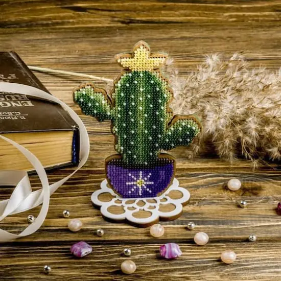 Wonderland Crafts Cactus in Purple Bowl Bead Embroidery on Wood Kit {3}