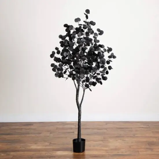 6ft. Pre-Lit Artificial Halloween Black Eucalyptus Tree with 300 Orange & Purple LED Lights {7}