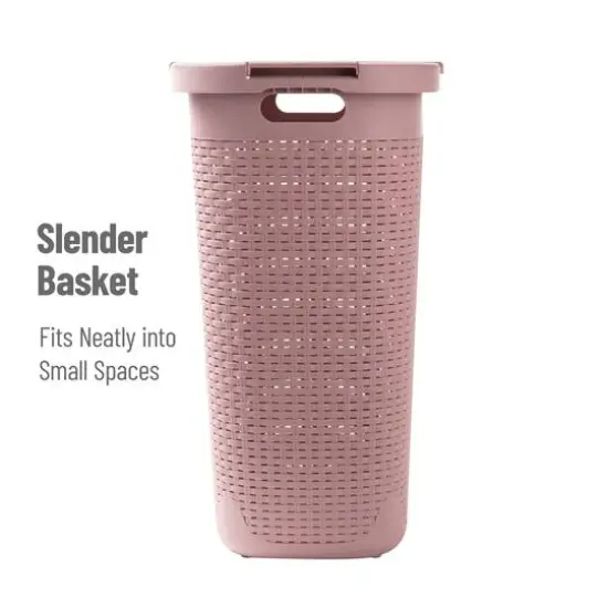 Mind Reader 60L Ventilated Slim Laundry Hamper with Cut Out Handles & Attached Hinged Lid, 2ct. Pink {7}