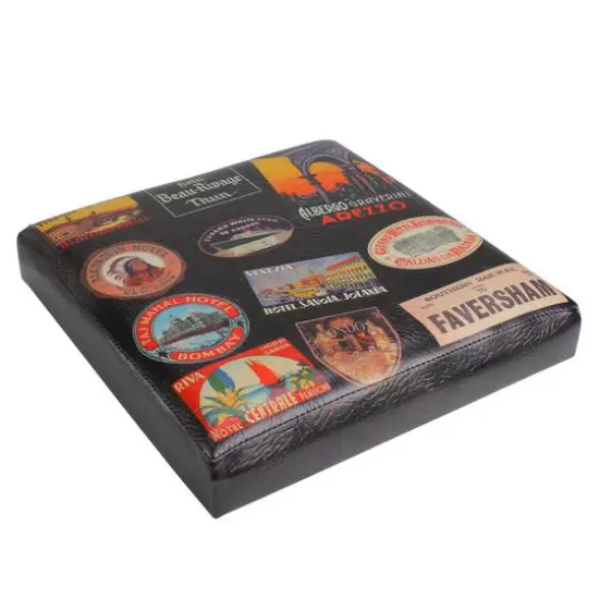 15" Brown with Travel Stickers Collapsible Ottoman {6}