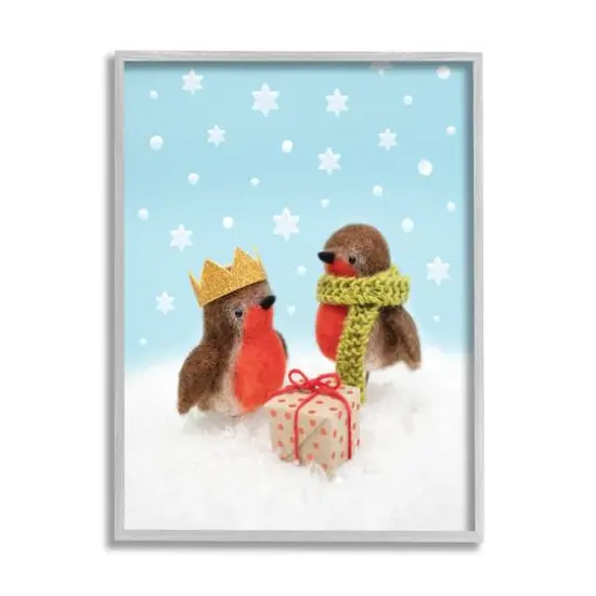 Stupell Industries Birds Gift Giving Christmas Snow Framed Giclee Art Gray {1}