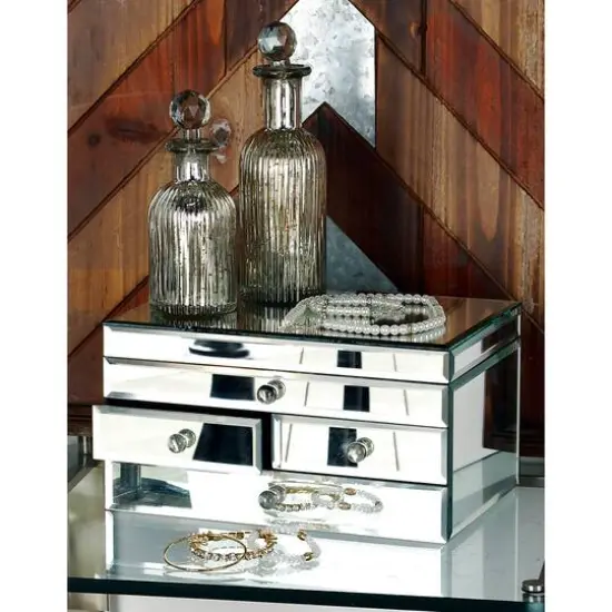 Silver Mirror and Wood Glam Jewelry Box, 6" x 11" x 9" {7}