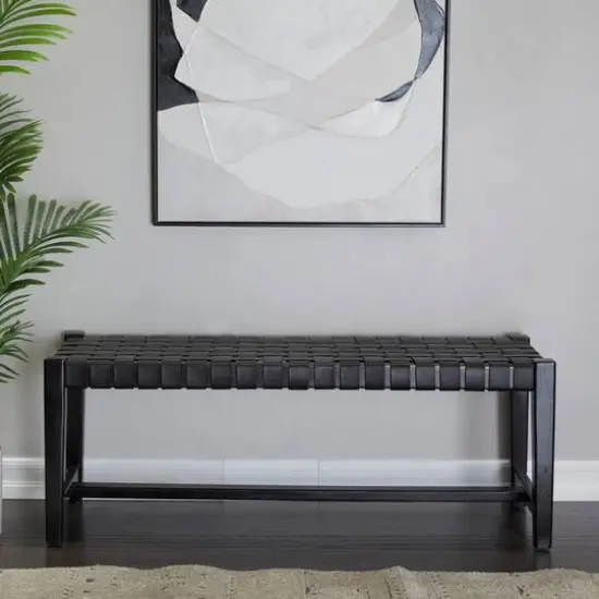 47" Black Leather Handmade Woven Seat Bench {7}