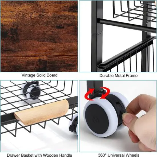 Black 5-Tier Metal Wire Basket Shelf Kitchen Storage Rolling Cart {4}