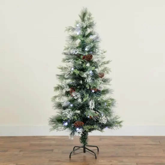 5ft. Fiber Optic White LED Lights Flocked Artificial Christmas Tree with White Pinecone {11}