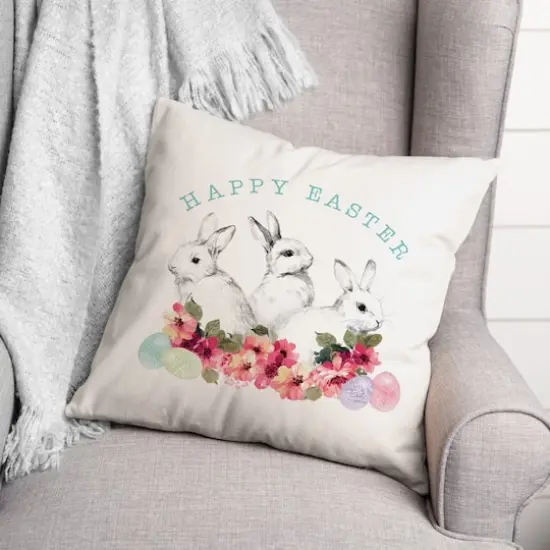 Sketched Easter Bunnies Flowers Throw Pillow {3}