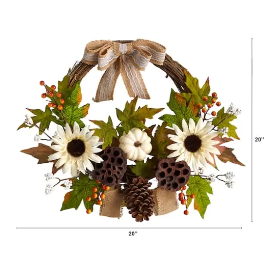20" Autumn Sunflower, White Pumpkin & Dried Lotus Pod Fall Wreath {5}