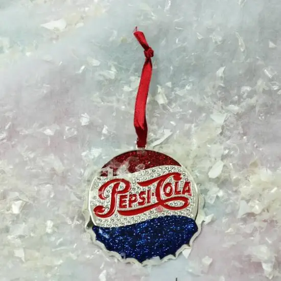 3" Sequined & Glitter Blue & Red "PEPSI COLA" Bottle Cap Logo Christmas Ornament {3}