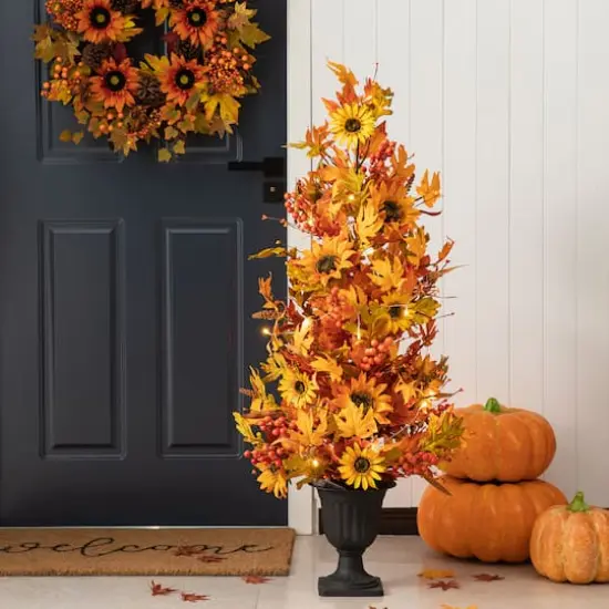 Glitzhome&reg; 48" Fall Lighted Maple Leaf & Sunflower Urn Porch Tree with Timer {4}
