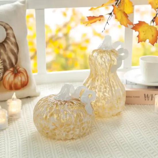 Glitzhome&reg; 8.5" Fall Amber Dots Glass Gourd {7}