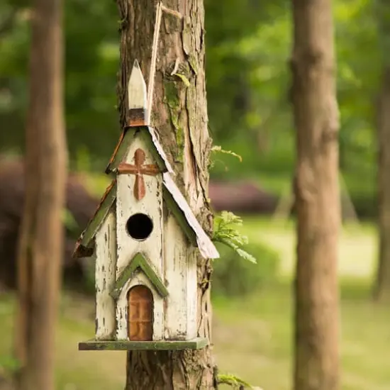 Glitzhome&reg; Distressed Wooden Church Birdhouse {6}