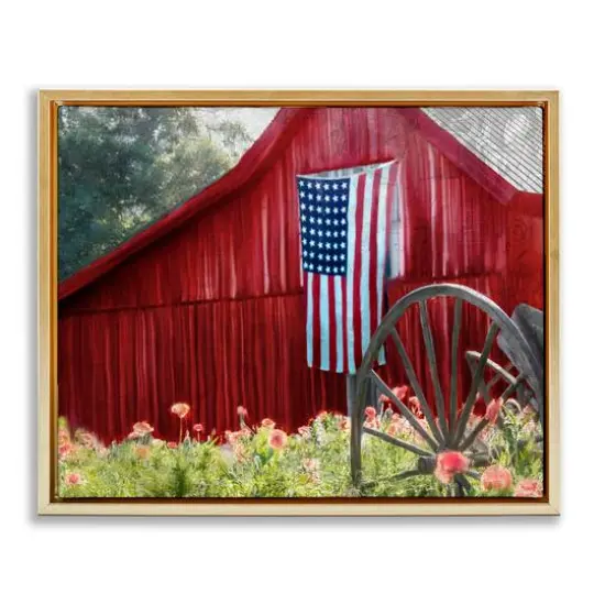 Stupell Industries Red Barn with American Flag Floater Framed Art Gold {1}