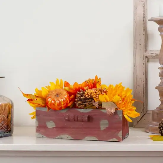 14" Autumn Harvest Maple Leaf & Berry Arrangement in Wooden Box {3}