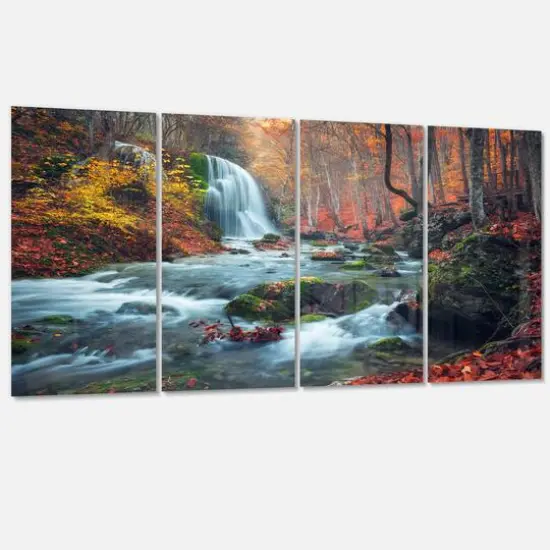 Designart - Autumn Mountain Waterfall Long View - Landscape Photography Canvas Print {4}